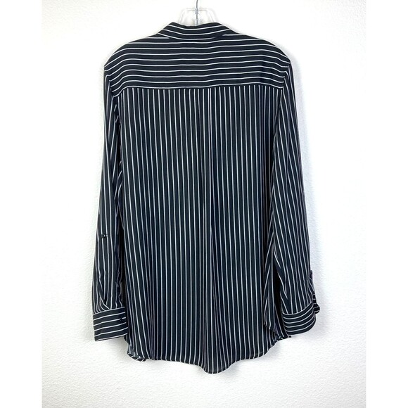 Zac & Rachel Womens Button Up Blouse Size XL Black White Striped Roll-Tab Sleeve - Picture 5 of 7